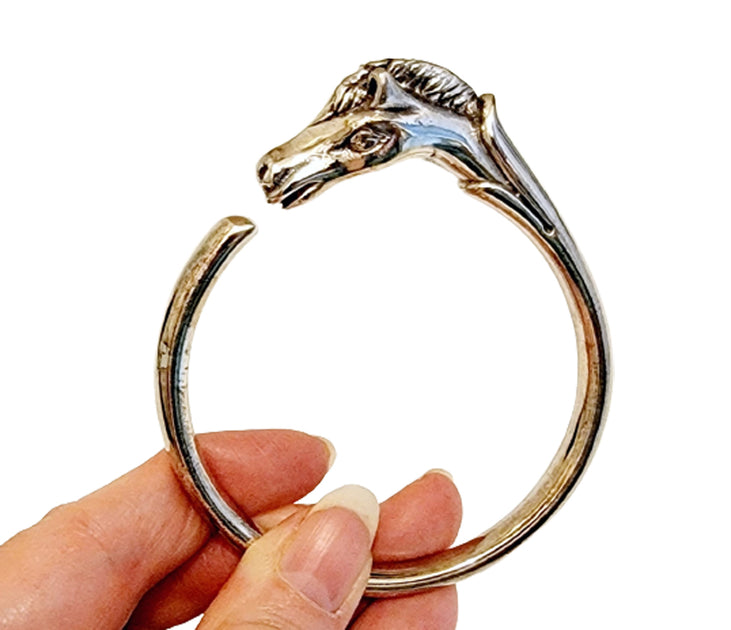 HERMES Bangle Open Bracelet Cheval Horse Head Silver Tone Metal with Box  Auth