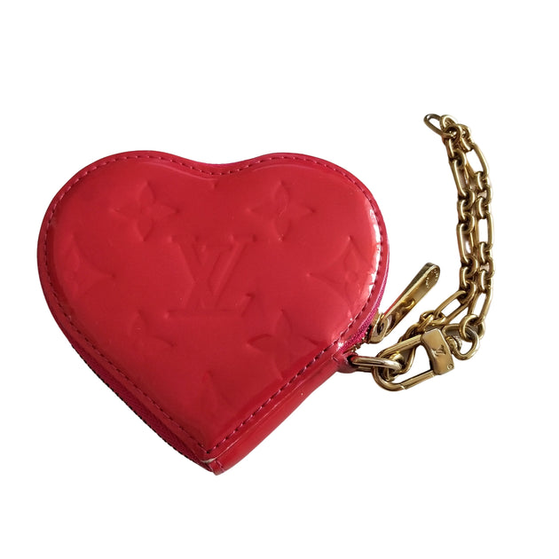Auth Louis Vuitton Rouge Heart Coin Purse Wristlet with Gold Chain & LV Lock
