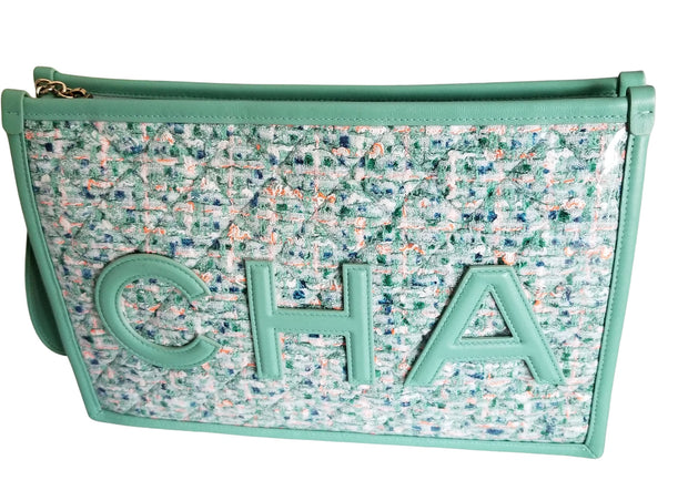Chanel Logo Green Tweed Leather PVC Wristlet Clutch