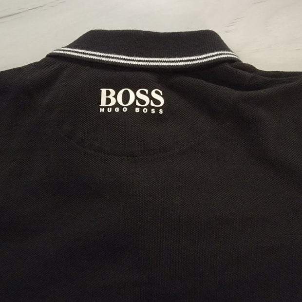 Hugo Boss Boys Black POLO SHIRT COTTON PIQUÉ WITH LOGO PRINT Size 5 EUC