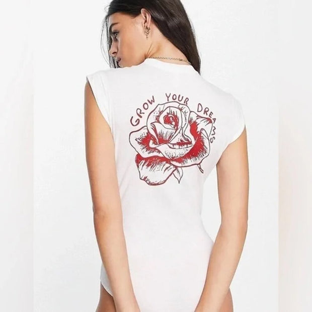 Free People White Red Rose Graphic Bodysuit Tee Shirt Size XS NWT