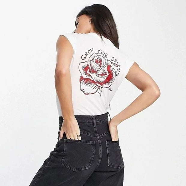 Free People White Red Rose Graphic Bodysuit Tee Shirt Size XS NWT