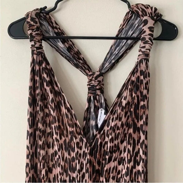 New Good American Leopard Print Always Fits Plisse Knotted Jumpsuit Romper