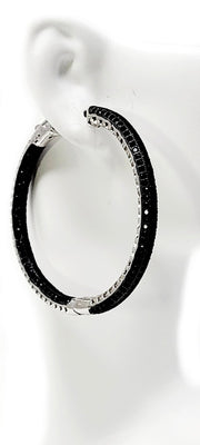 Fine Crystal Black 925 Silver Hoop Earrings