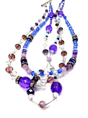 Vintage Silver Purple Blue Bead Crystal Multi Strand Necklace
