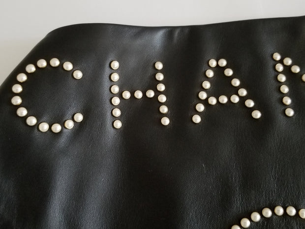 RARE Chanel Black Leather Embellished Scarf Bandana