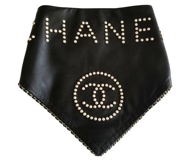 RARE Chanel Black Leather Embellished Scarf Bandana