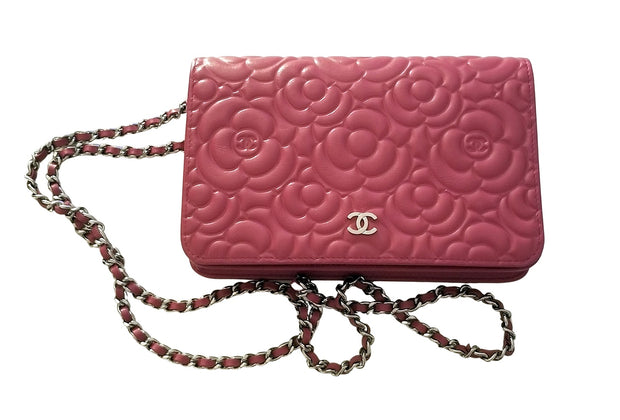 CHANEL Lambskin Camellia Embossed Wallet on Chain WOC Black 942349