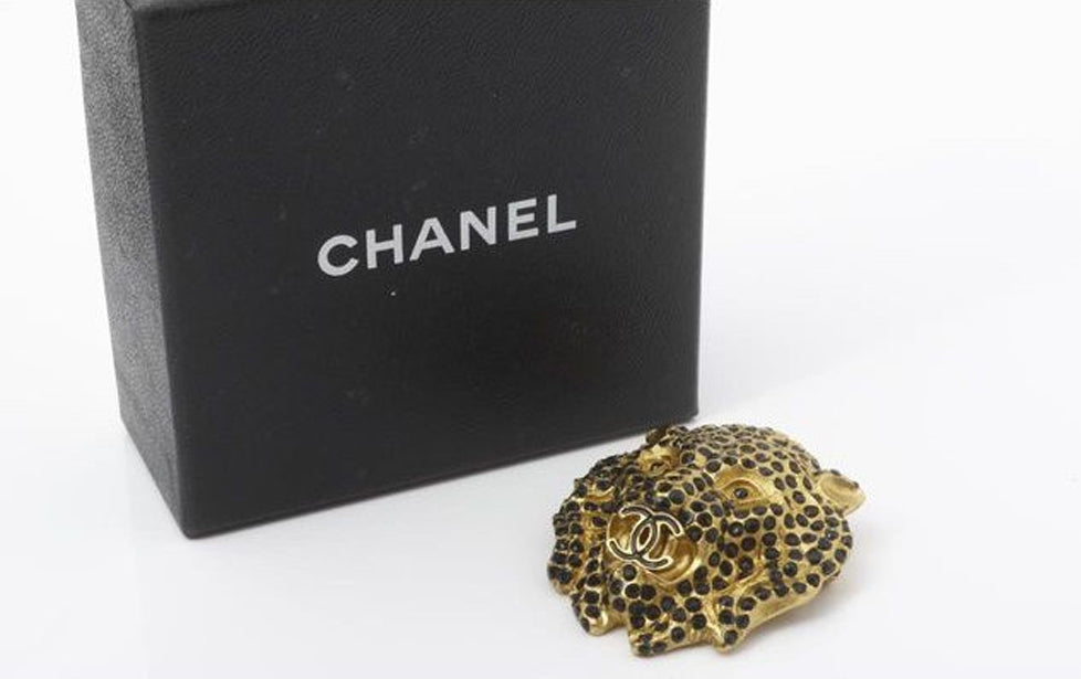 Chanel Crystal Lion Lionness Black Rhinestone Brooch