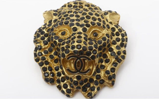 Chanel Crystal Lion Lionness Black Rhinestone Brooch
