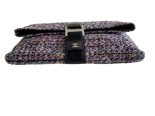 Chanel Fold Grip Multicolor Tweed Leather Clutch Handbag