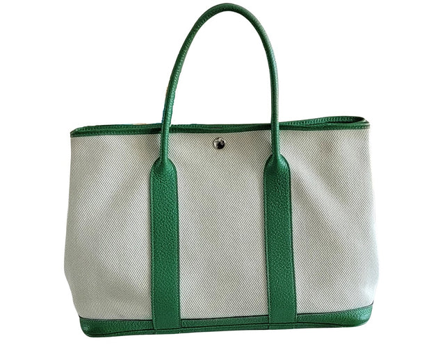 Hermes Garden Party Green Leather Toile Canvas Tote Shopper Bag