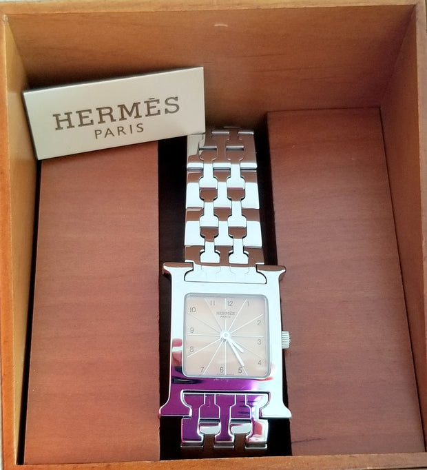 Hermes Ladies Stainless Steel H Wrist Watch Timepiece with Box