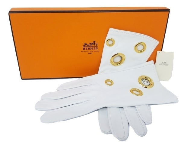 Hermes White Leather Grommet Fashion Gloves in Box