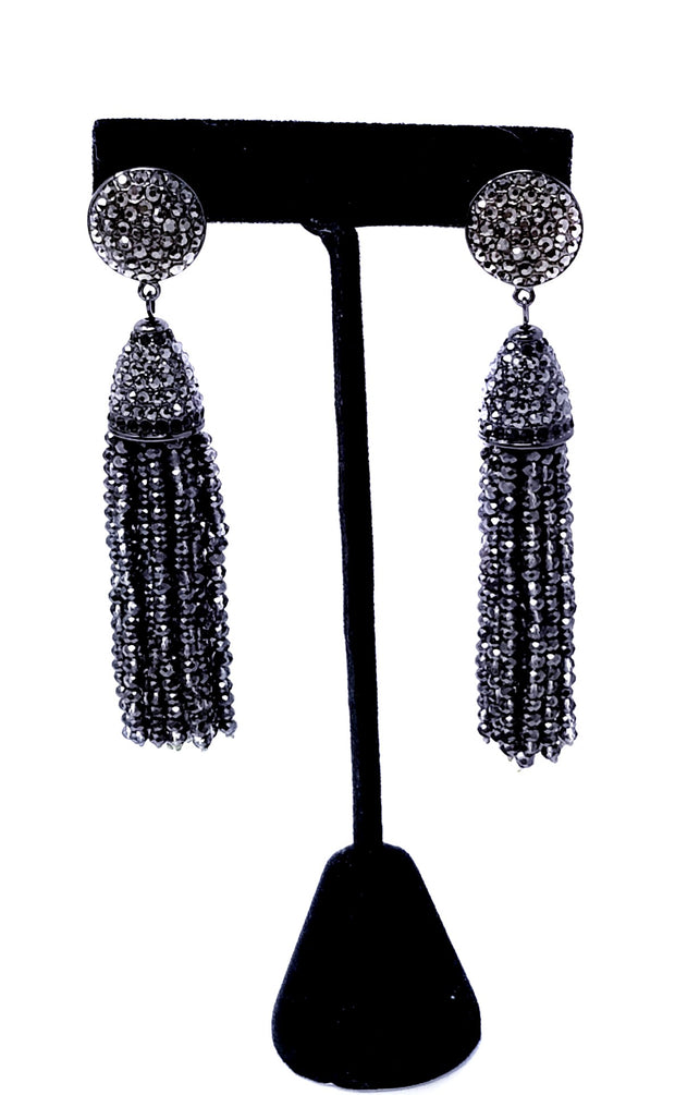 Joan Boyce Black Crystal Beaded Tassel Pierced Earrings