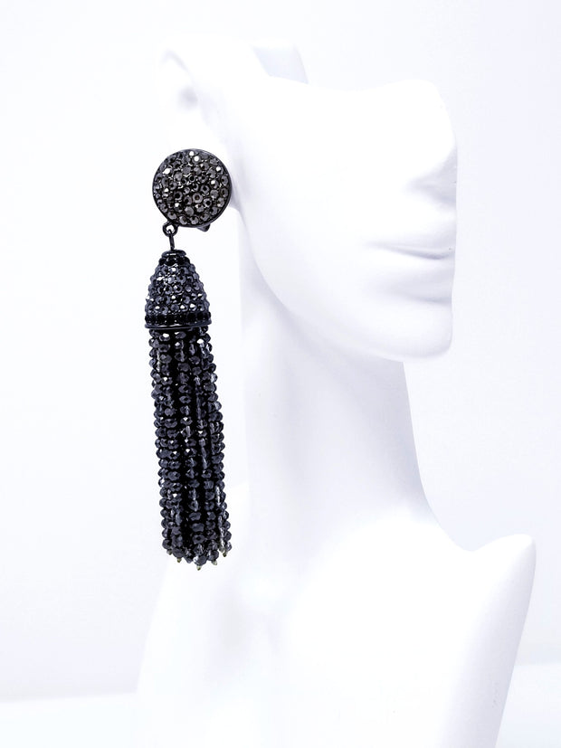 Joan Boyce Black Crystal Beaded Tassel Pierced Earrings