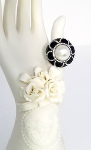 Joan Boyce Crystal White Pearl Enamel Couture Designer Ring