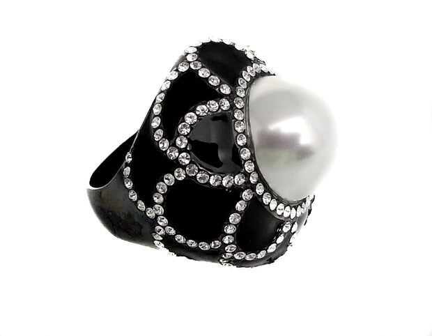 Joan Boyce Crystal White Pearl Enamel Couture Designer Ring