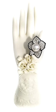 Kenneth Jay Lane Crystal Black Pearl Poppy Flower Ring