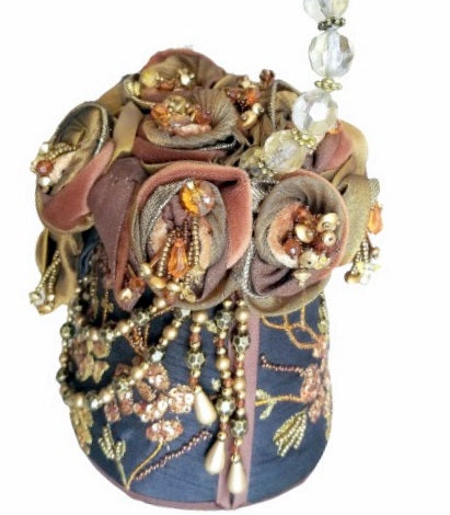 Mary Frances Brown Rose Top Handle Beaded Handbag Purse
