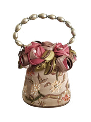 Vintage Mary Frances Rose Floral Top Handle Beaded Brown Handbag Purse