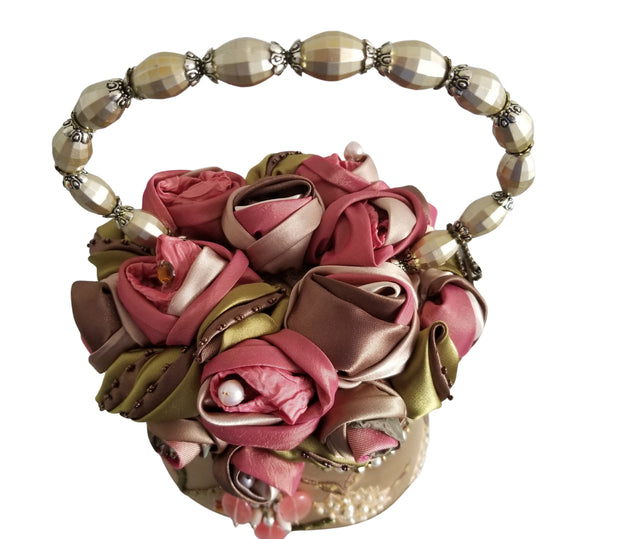 Vintage Mary Frances Rose Floral Top Handle Beaded Brown Handbag Purse