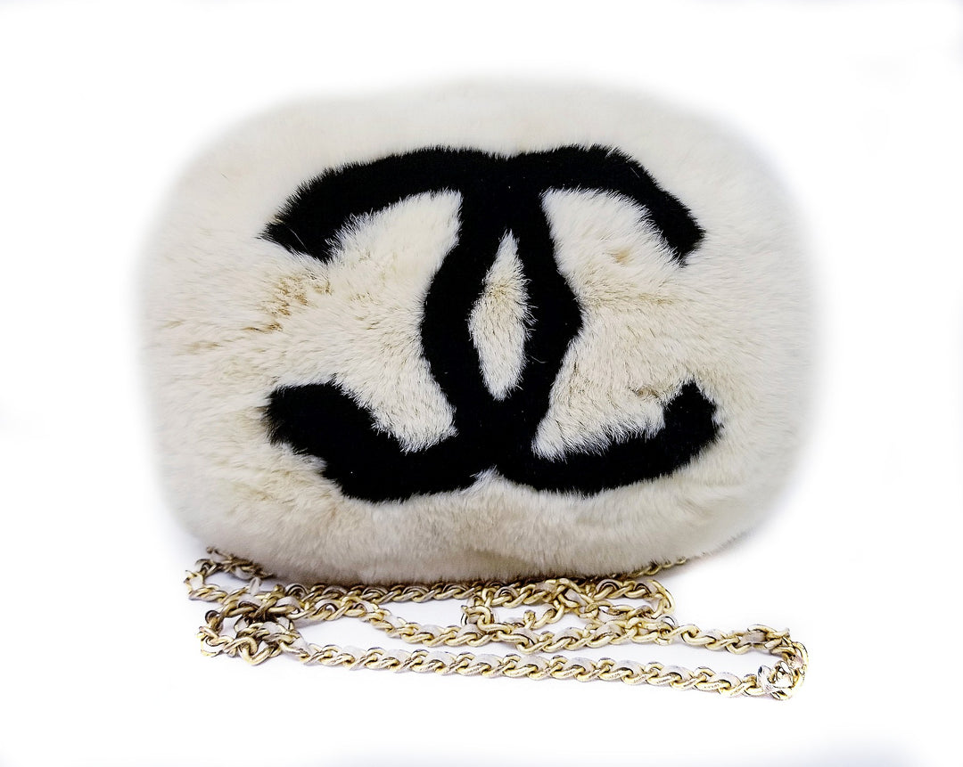 Rare Vintage Chanel Rabbit Lapin Fur Muff Bag Hand Warmer Chain