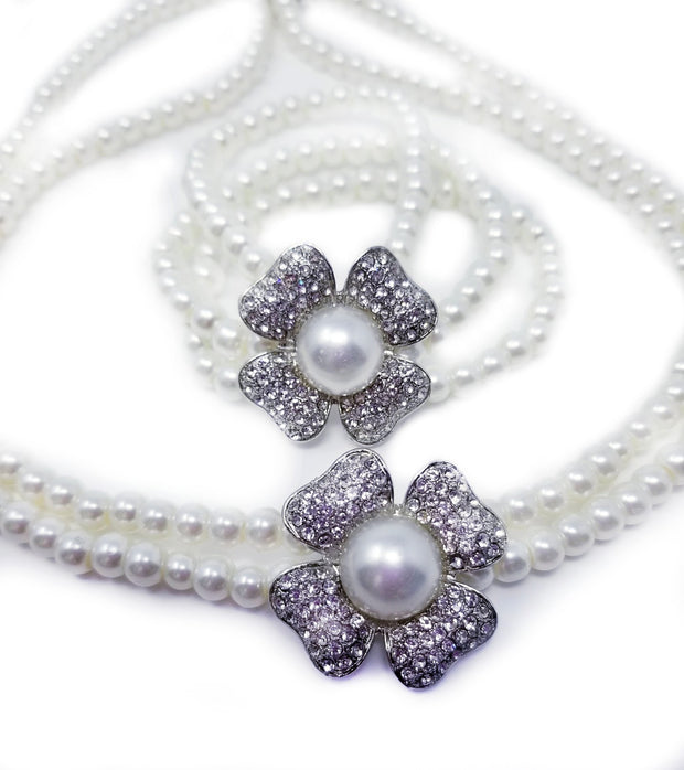 White Faux Pearl Floral Necklace Bracelet Bridal Set