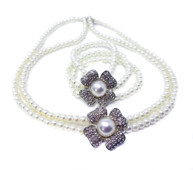 White Faux Pearl Floral Necklace Bracelet Bridal Set