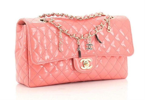 Chanel Classic Flap CC Charms Quilted Patent Leather Medium Salmon Pink Shoulder Bag