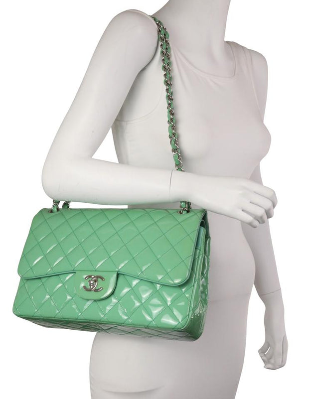 Chanel Patent Leather Double Flap Jumbo Lime Green Shoulder Bag –