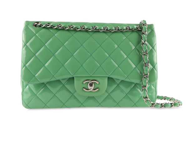 Chanel Patent Leather Double Flap Jumbo Lime Green Shoulder Bag –