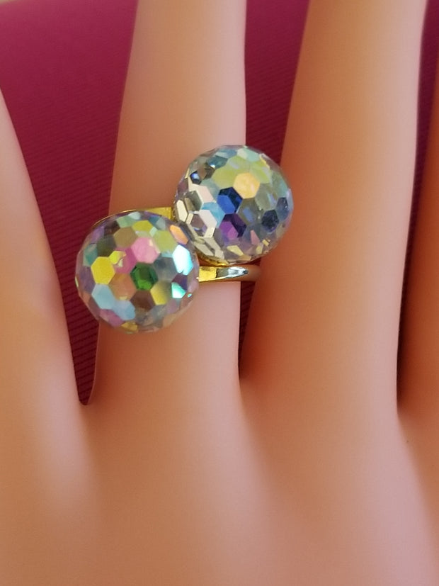 Crystal Dual Dome Disco Ball Ring