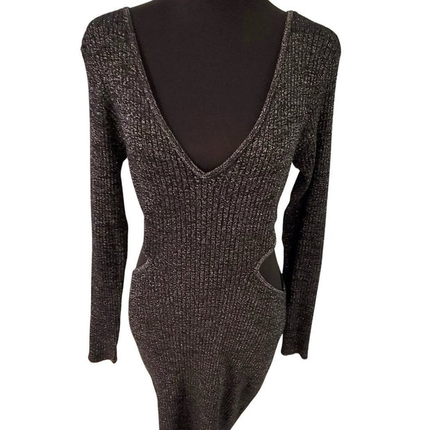 NWT OPEN EDIT Knit Cutout Sweater Mini dress In Black Silver Sparkle XL
