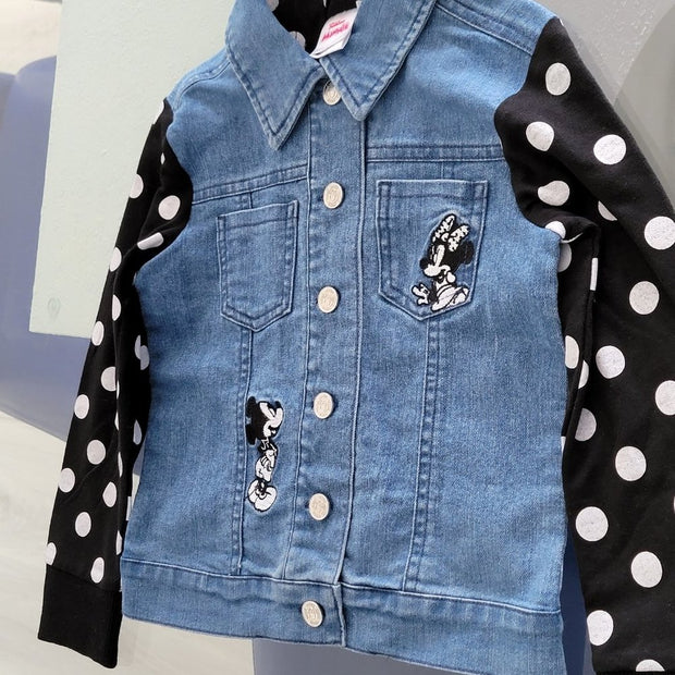 Junior Disney Mickey Minnie Mouse Girls Denim Jean Jacket Hoodie Polka Dot Hat