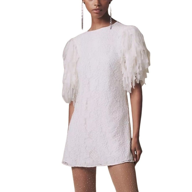 NEW FREE PEOPLE White Lace Dress Shredded Ribbon Sleeves NWOT Retail $128