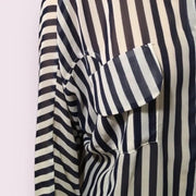 UmGee Navy Blue Stripe Sheer Business Blouse Large Pockets Oversized Dress Shirt