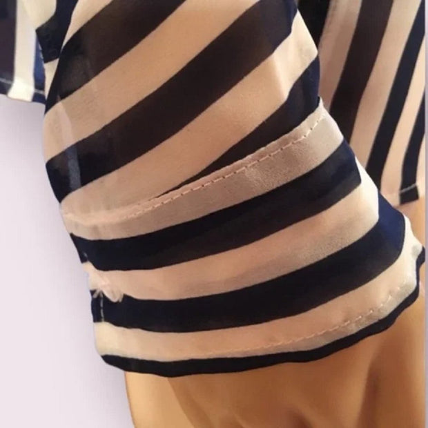 UmGee Navy Blue Stripe Sheer Business Blouse Large Pockets Oversized Dress Shirt