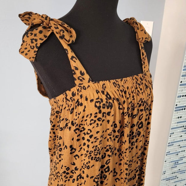 NWOT FRENCH GREY Maxi Dress w Shoulder Ties  Brown & Black Animal Print Size M