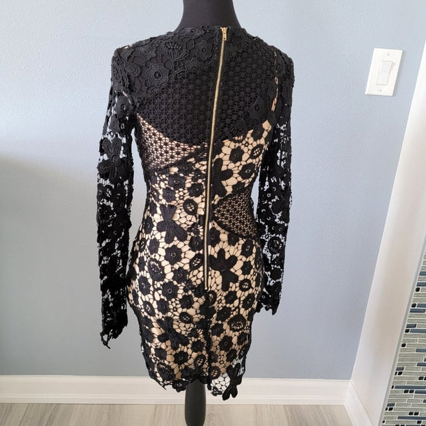 HY Lace Stencil Black Beige Lined Evening Dress Long Sleeve Size Small
