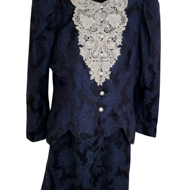 Vintage Jessica McClintock Bridal Blue Jacquard Jacket Skirt Suit Size 16