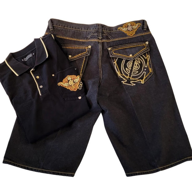 COOGI Authentic Australia Medallion Black Denim Shorts and Polo Shirt Set