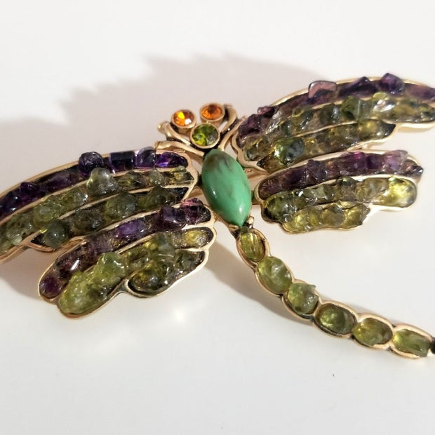Vintage Liz Claiborne Peridot Green Amber Semi Precious Stone Dragonfly Brooch