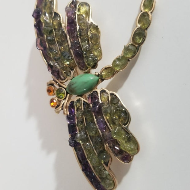 Vintage Liz Claiborne Peridot Green Amber Semi Precious Stone Dragonfly Brooch