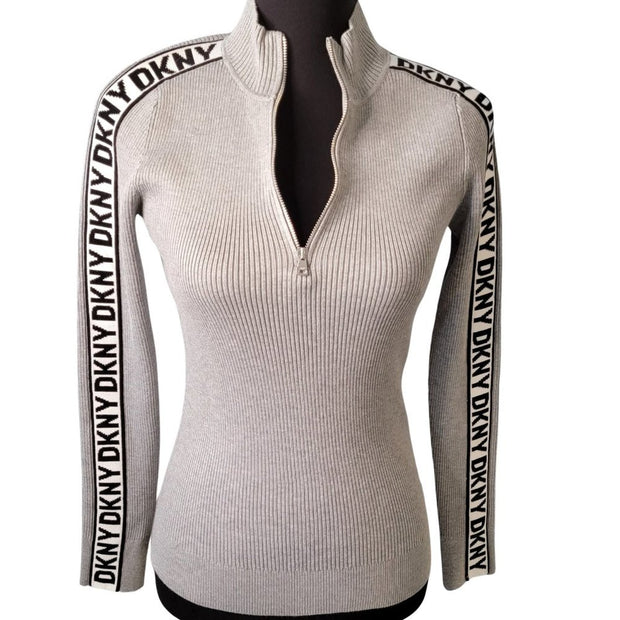 DKNY Grey Logo Ribbed Bodycon Half Zipper Sweater Size XS NWT