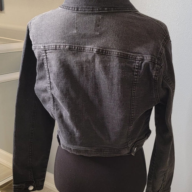 Ashley Vintage Charm Black Washed Denim Crop Button Jacket EUC