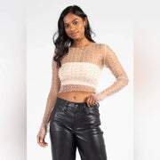FASHION CLASSIC COLLECTION Nude Sheer Mesh See Through Pearl Diamond Crop Top, S