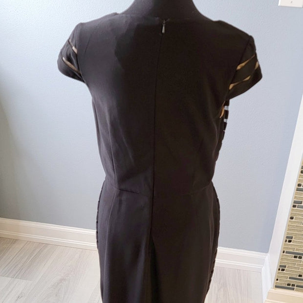 Adrianna Papell Black Beige Stencil Lace Sheath Lined Dress Size 12 EUC